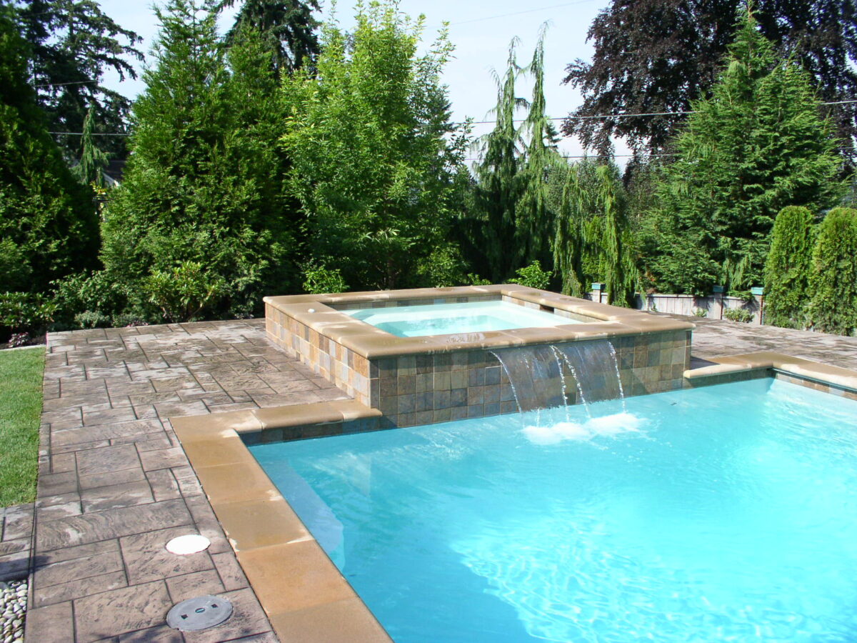 Custom Waterfall into Pool in backyard landscaping