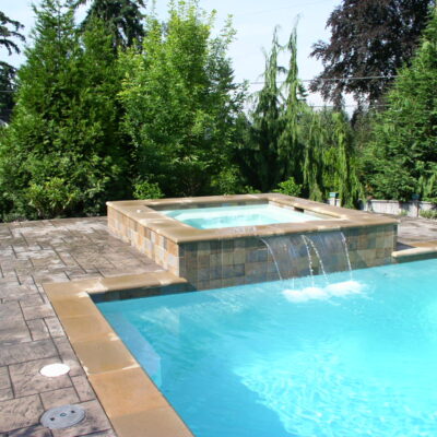 Custom Waterfall into Pool in backyard landscaping