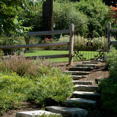 Large stone and concrete steps create a walking path through garden gate in Seattle, Washington.